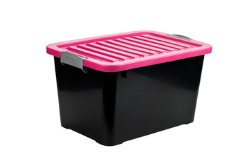 Black plastic storage box and pink lid.