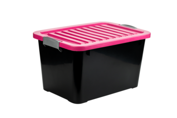 Black plastic storage box and pink lid.