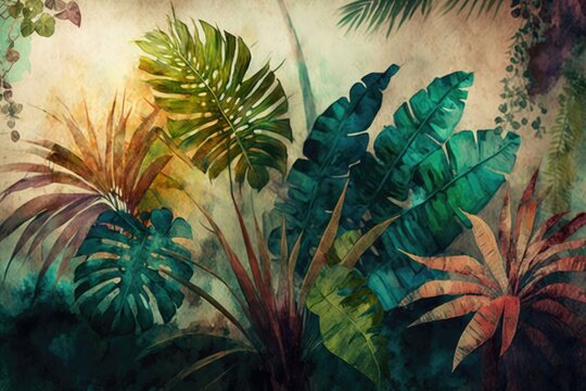 Tropical plants and trees watercolor painting for texture background photo wallpaper. Generative AI