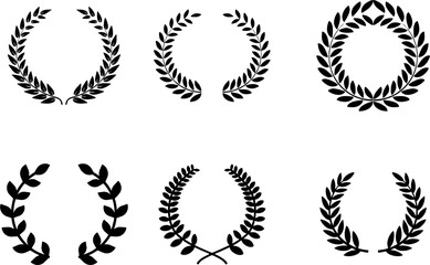 Set of silhouette of circular laurel wreaths depicting award, achievement, heraldry, nobility. circular foliate laurels branches on white background.olive branch, award logo, winner round emblem.