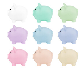 Collection of multi-colored side view piggy bank.