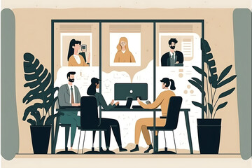 Flat vector illustration Business people are participating in an online meeting in a joint office  