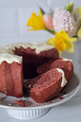 Freshly baked red velvet bundt cake on a table