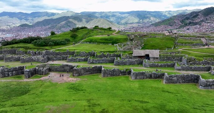 Sacsayhuaman or Saqsaywaman is one of the Inca's ruins constructions as Machu Picchu. Cusco, Peru. Aerial above view drone high resolution 4k