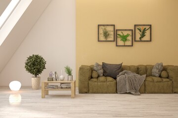 Colorful living room with sofa. Scandinavian interior design. 3D illustration