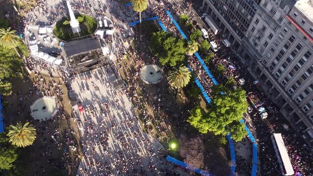 Aerial top down shot of people on Plaza de Mayo celebrating Lesbian, Gay, Bisexual and Transgender Event in Buenos Aires