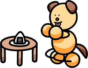 ごはんを食べようとするわんまるのイラスト　犬
