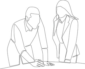Single one line drawing office workers discussing project at business meeting. Brainstorming team. Business meeting concept. Continuous line draw design graphic vector illustration.