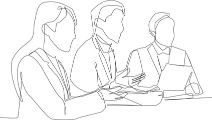 Single one line drawing office workers discussing project or report  in front of laptop at office. Brainstorming team. Business meeting concept. Continuous line draw design graphic vector illustration