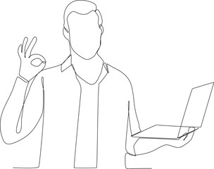 Single one line drawing man holding laptop and gesturing ok sign. Brainstorming team. Business meeting concept. Continuous line draw design graphic vector illustration.
