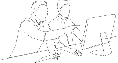 Single one line drawing Boss and employees discussing project in font of computer. Brainstorming team. Business meeting concept. Continuous line draw design graphic vector illustration.