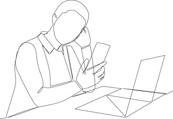 Single one line drawing manager working in front of laptop and calling his colleague. Business meeting concept. Continuous line draw design graphic vector illustration.