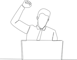Single one line drawing businessman sitting in front of laptop at table online his colleague. Brainstorming team. Business meeting concept. Continuous line draw design graphic vector illustration.