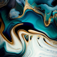 abstract wavy white marble and turquoise liquid textured design with gold accents