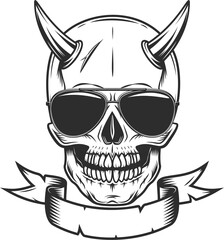 Skull with horn concept and ribbon with sunglasses accessory to protect eyes from bright sun vintage isolated illustration