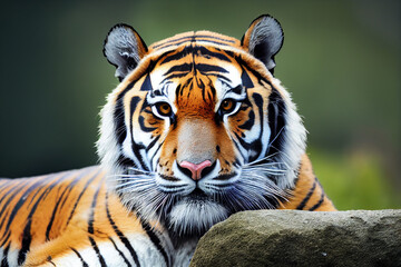 portrait of a tiger on a background of green nature, generative AI