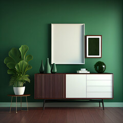 Interior of modern living room with sideboard and empty poster for mockup. Generative AI.