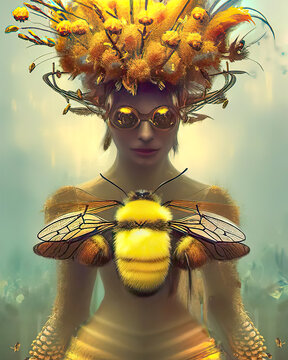 Queen Bee. A personification of a queen bee with a bee in the foreground. Generative AI created. 