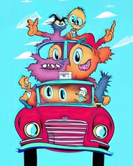 Monsters on a Road Trip. Generative AI created.