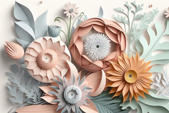  array of cut paper flowers, isolated on a plain white background. Generative AI
