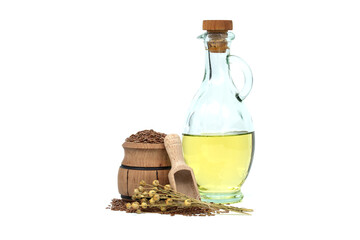 Linseed oil in glass decanter and Flax seed on white