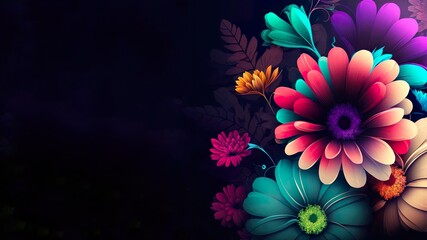 Colorful flowers on a dark background with copyspace (generative ai)