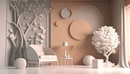 A soothing sitting area in shades of tan and cream, minimal decor. (Generative AI)