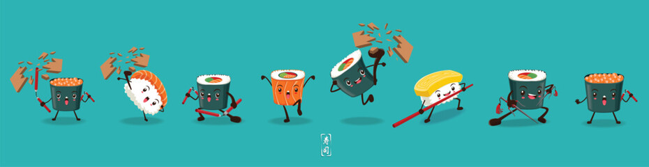 Vintage Kung Fu Sushi poster design with vector sushi character. Chinese word means sushi.