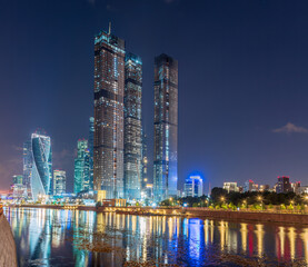 Moscow city at summer night. Modern skyscrapers in Moscow-city downtown. Moscow, Russia