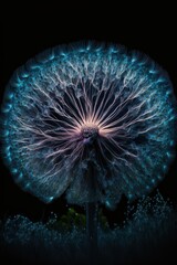 Close-up of dandelion seed, neon lights, night, beautiful, generative by AI