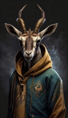 Photo Shoot of King of the Streets:A Majestic Antelope Animal Rocked in Hip Hop Streetwear Fashion like Men, Women, and Kids (generative AI)