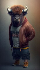 Photo Shoot of King of the Streets:A Majestic Bison Animal Rocked in Hip Hop Streetwear Fashion like Men, Women, and Kids (generative AI)