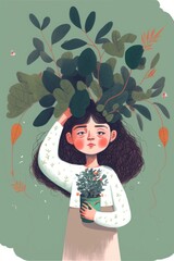 minimalistic illustration of girl kid and plant. Generative Ai.