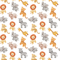 Fototapeta premium Childish seamless pattern with safari animals. Cute elephant, hippo and giraffe in cartoon style. Watercolor african baby wild animals on white background.