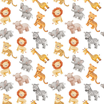 Childish seamless pattern with safari animals. Cute elephant, hippo and giraffe in cartoon style. Watercolor african baby wild animals on white background.
