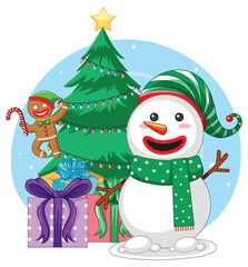Snowman and Christmas tree isolated