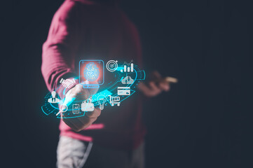man scanning fingerprint indentification to access personal financial data. Idea for E-kyc , biometrics security, security technology against digital cyber crime, access app shopping online
