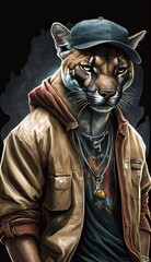 Photo Shoot of King of the Streets:A Majestic cougar Animal Rocked in Hip Hop Streetwear Fashion like Men, Women, and Kids (generative AI)
