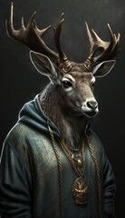 Photo Shoot of King of the Streets:A Majestic Deer Animal Rocked in Hip Hop Streetwear Fashion like Men, Women, and Kids (generative AI)