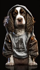 Photo Shoot of King of the Streets:A Majestic English Springer Spaniel Animal Dog Rocked in Hip Hop Streetwear Fashion like Men, Women, and Kids (generative AI)