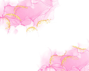 Abstract liquid watercolor background with golden lines, dots, and stains. Pastel marble alcohol ink drawing effect. Vector illustration design template with space