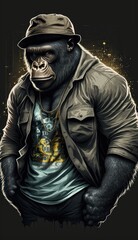 Fototapeta na wymiar Photo Shoot of King of the Streets:A Majestic Gorilla Animal Rocked in Hip Hop Streetwear Fashion like Men, Women, and Kids (generative AI)