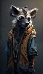 Photo Shoot of King of the Streets:A Majestic Hyena Animal Rocked in Hip Hop Streetwear Fashion like Men, Women, and Kids (generative AI)