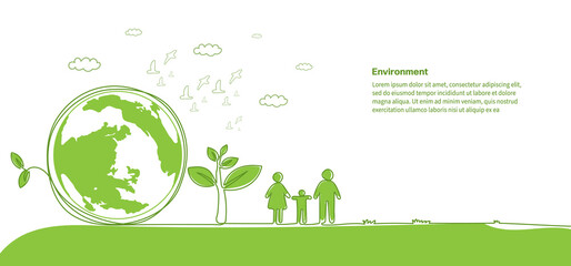 Environment flat design for sustainable energy development, One doodle continuous line drawing. World environment day Poster, banner, background Environmental and Ecology concept, eco friendly. 