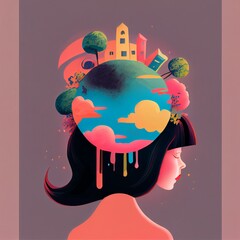 illustration of girl with a world on her head. Generative Ai.