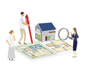 マイホームの間取りを考える夫婦と担当者