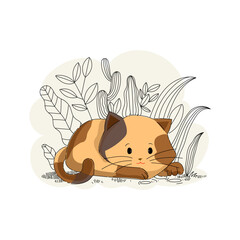 Cute cat icon character with leaves hand drawn vector illustration.