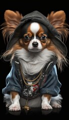 Photo Shoot of King of the Streets:A Majestic Papillon Animal Dog Rocked in Hip Hop Streetwear Fashion like Men, Women, and Kids (generative AI)