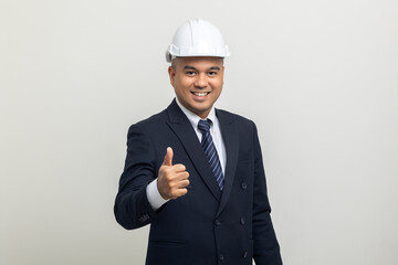 Businessman manager owner real estate on isolated white background. Cooperation of architect designer. Engineer with safety helmet checking at working construction site