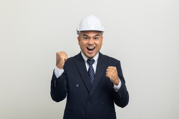 Businessman manager owner real estate on isolated white background. Cooperation of architect designer. Engineer with safety helmet checking at working construction site